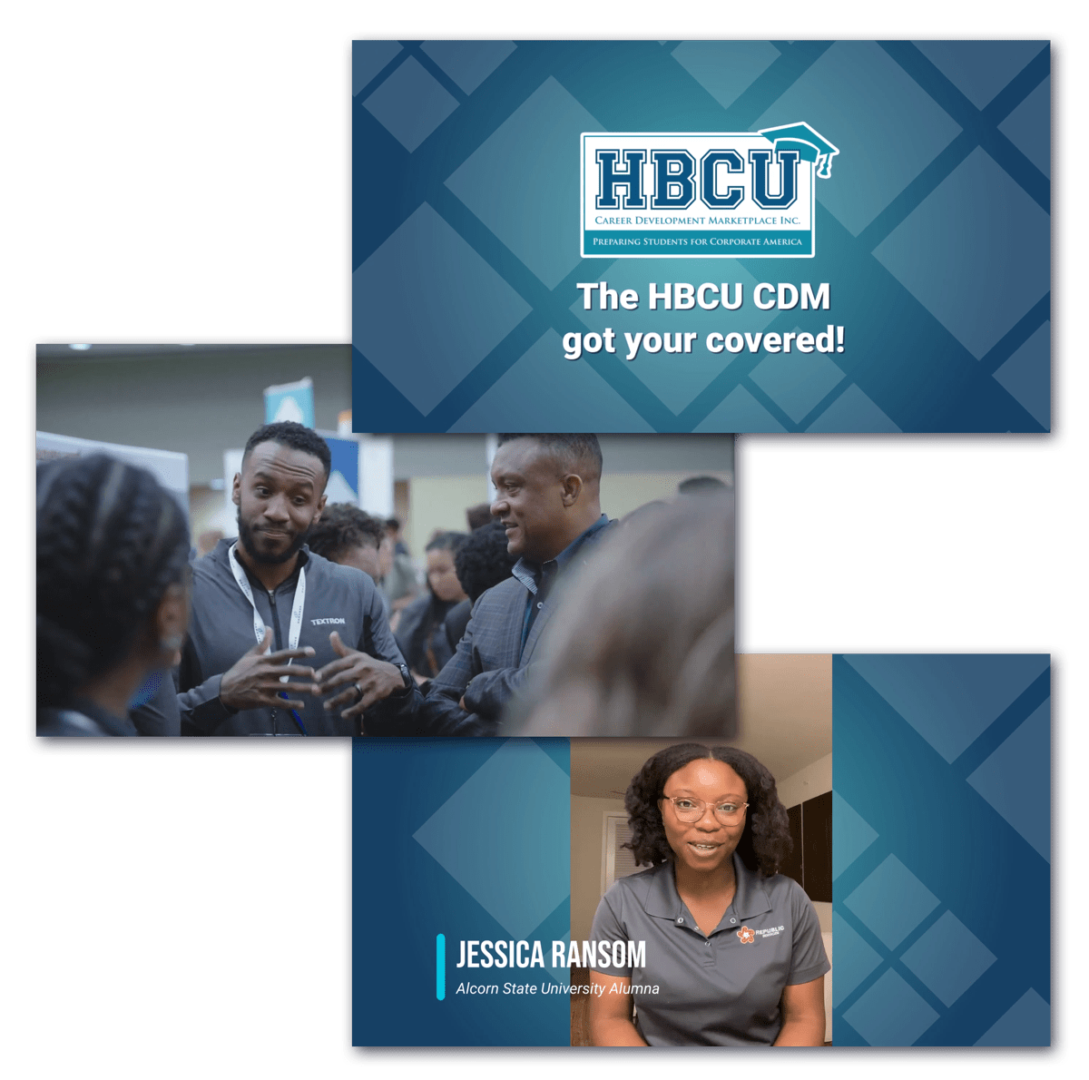Promotional video stills: HBCU students at a career fair, a student giving a testimonial, and a title card displaying the company logo.